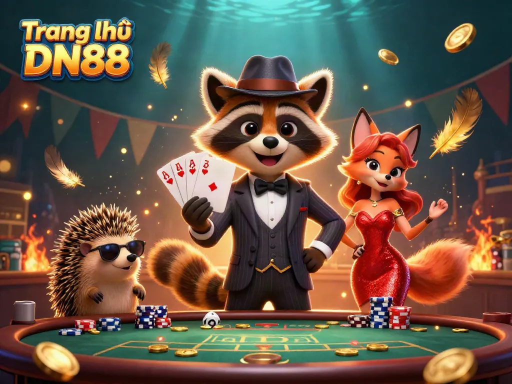 Engage with Trang chủ DN88 as a raccoon in a suit showcases a royal flush at a lively poker table.
