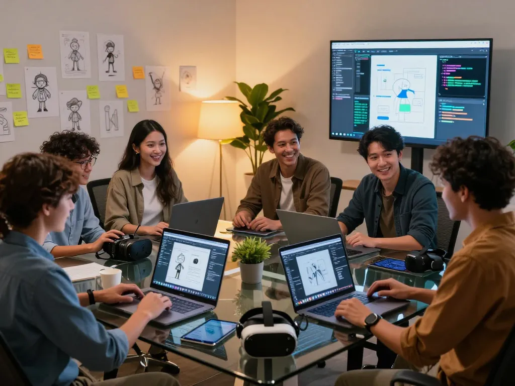 Collaboration at Crushon AI workspace showcasing diverse team developing interactive AI characters with modern technology.