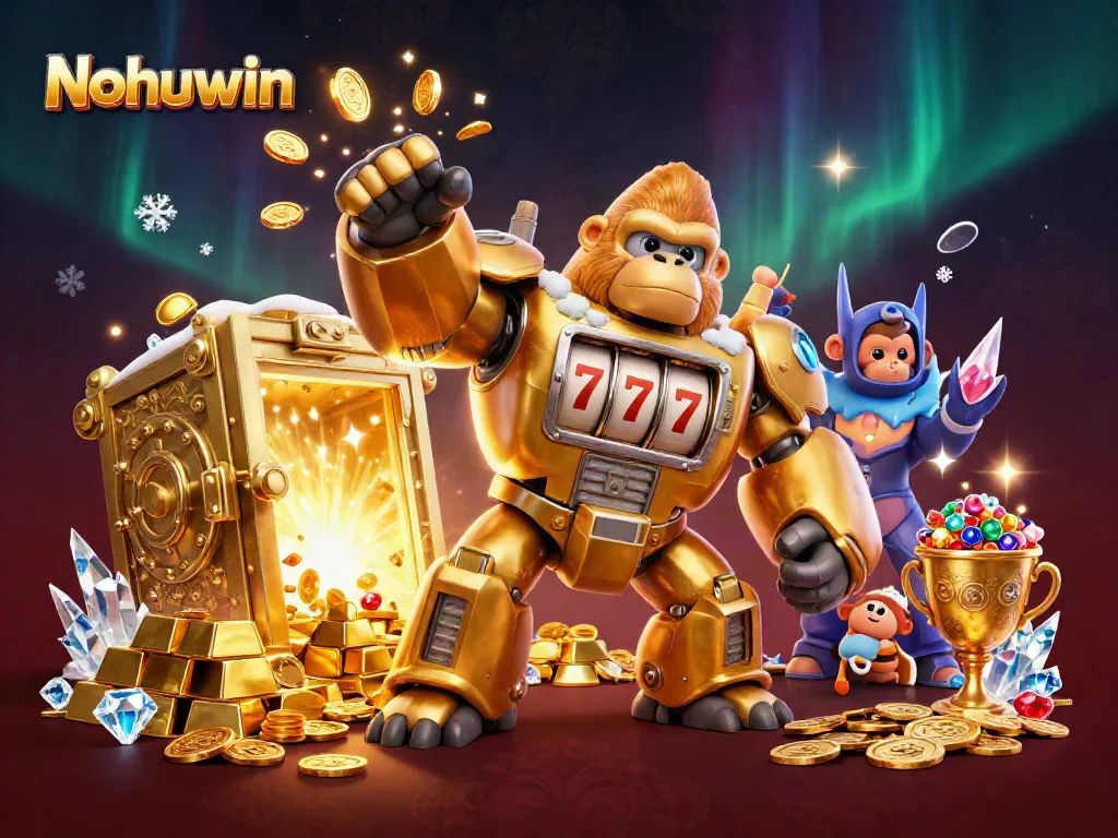 Nohuwin showcases a powerful golden gorilla mech amidst an explosion of coins and jewels.
