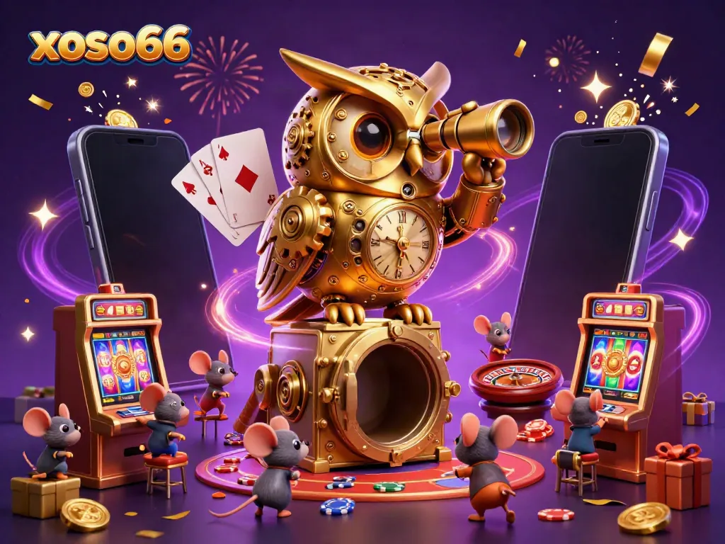 xoso66 offers a vibrant casino experience, showcasing spinning slot games and dynamic visuals in this engaging illustration.