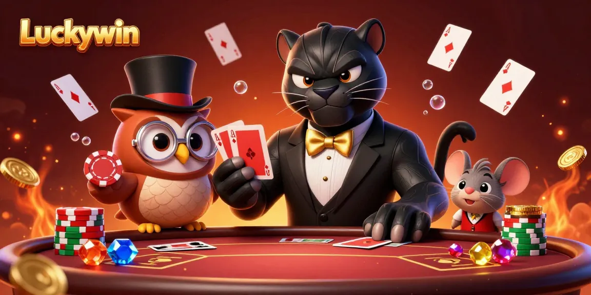 Luckywin showcases a glamorous 3D casino scene with a stylish panther, winning cards, and colorful gems.