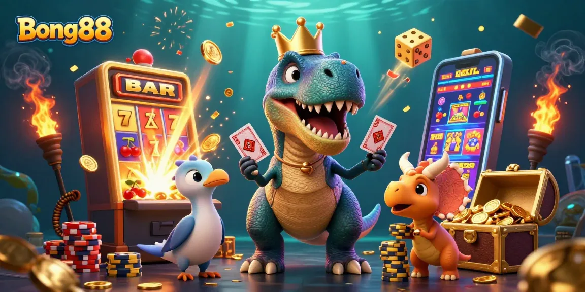 Bong88 players enjoy an exciting casino experience with a T-Rex and friends, featuring jackpots and colorful game scenes