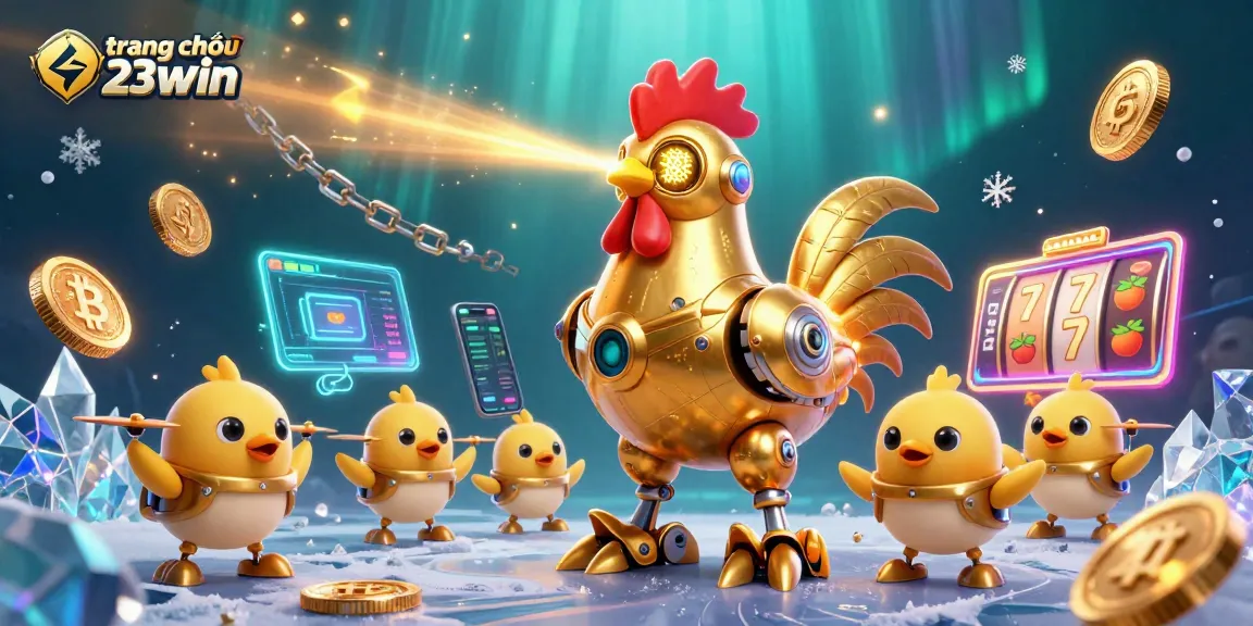 Engage with trang chủ 23win's thrilling casino adventures featuring a futuristic golden rooster robot.