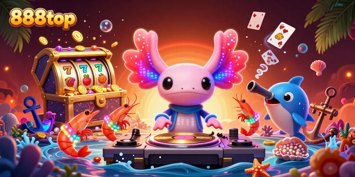 Engage with 888top in a vibrant casino atmosphere featuring a DJ axolotl, treasure, and slot machines.
