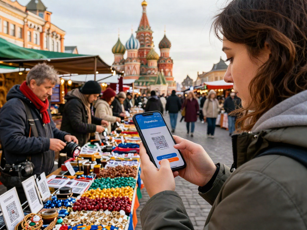 Rusya'da yerel pazarda PayInRussia uygulamasıyla ödeme yapan turist.