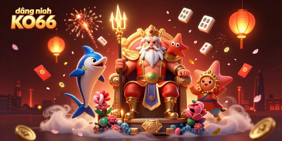 Experience registration at đăng nhập KO66 with a vibrant casino scene featuring Neptune and festive elements.