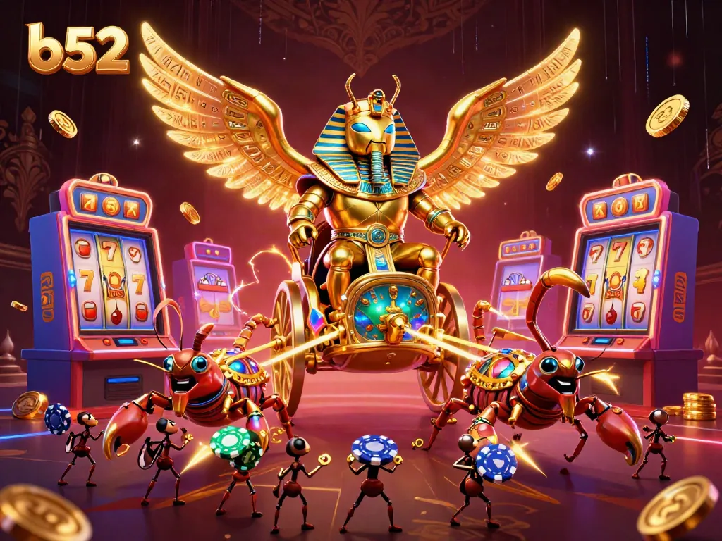 Experience thrilling gameplay with b52's colorful slots and ancient scarab champions in this vibrant casino scene.