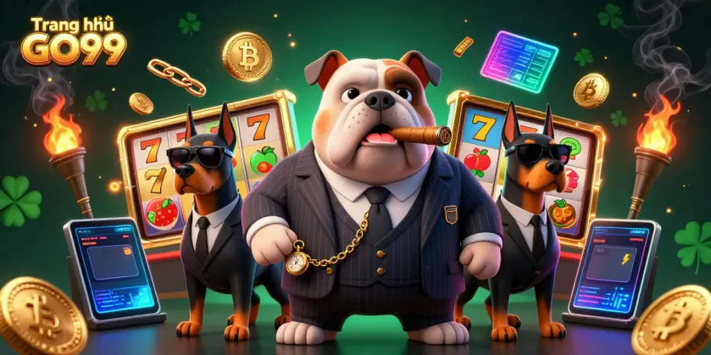 Engage in thrilling gameplay at Trang chủ GO99, showcasing a vibrant 3D mafia-themed casino scene.