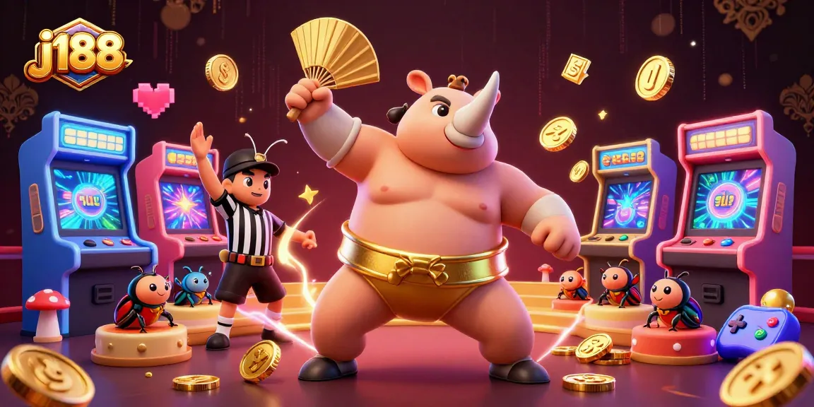 Experience j188's vibrant gaming atmosphere with a cartoon rhinoceros beetle champion stomping gold coins while gaming elements surround them.