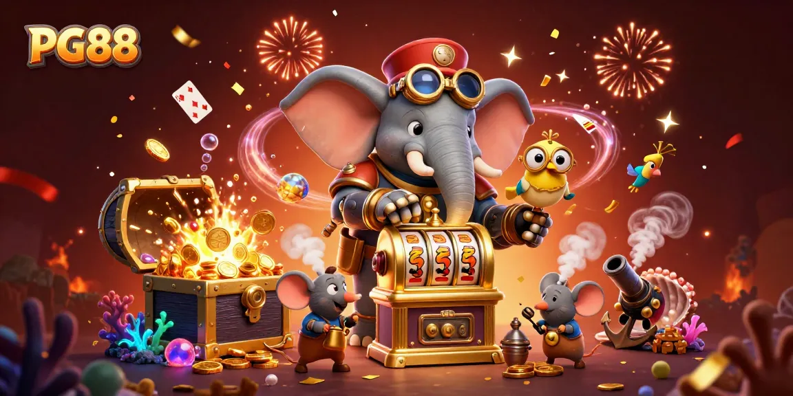 Engage in thrilling slot adventures with PG88’s cartoon elements of a steampunk elephant at a colorful casino.