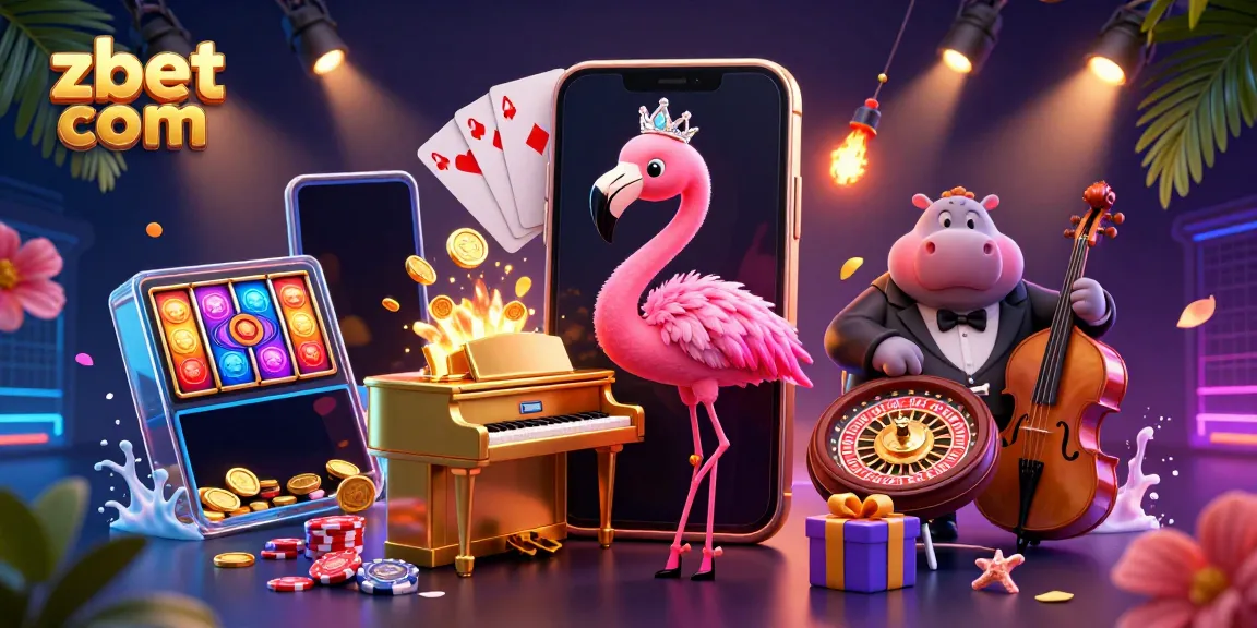 Experience the vibrant entertainment at zbet com with a dazzling flamingo singer and hippo bassist, surrounded by exciting casino elements.