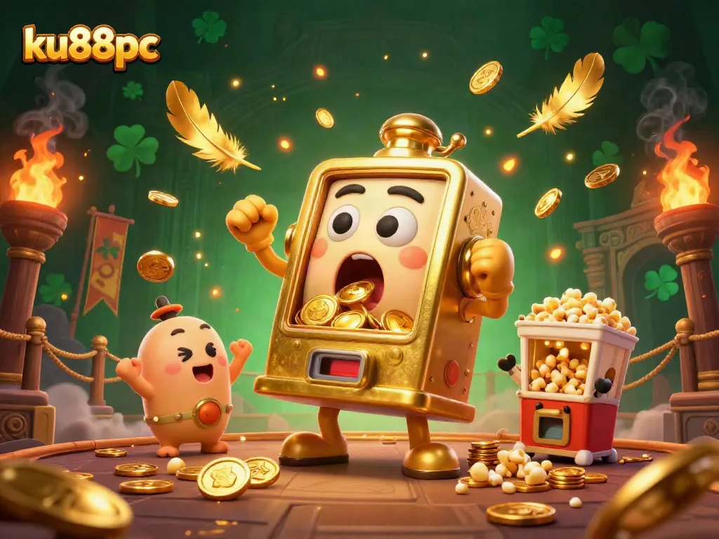 ku88pc slot machine celebrates a jackpot with coins pouring out, amidst a vibrant casino scene.