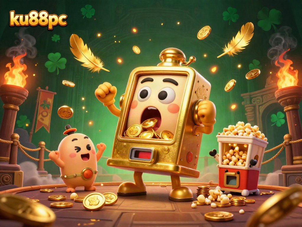 ku88pc slot machine celebrates a jackpot with coins pouring out, amidst a vibrant casino scene.