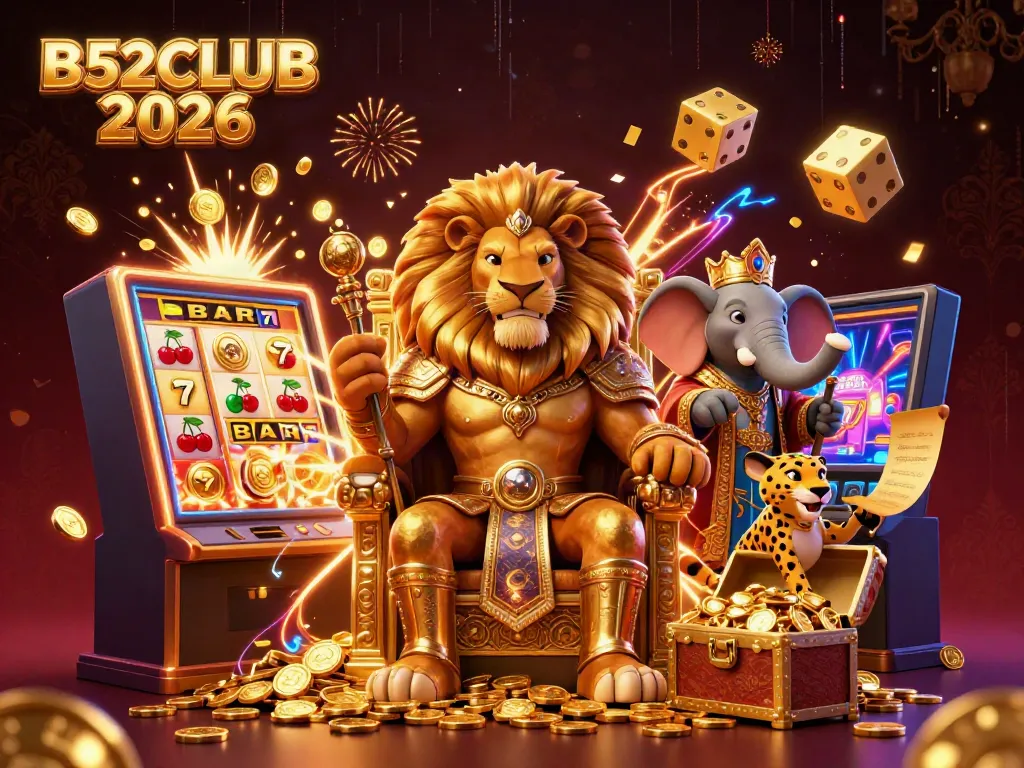 Engage with thrilling rewards at B52CLUB 2026 with a dynamic casino illustration showcasing a lion king and games.