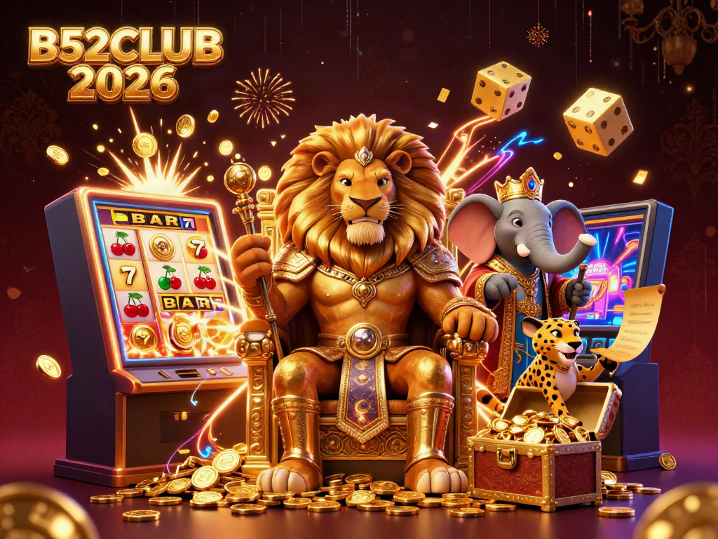 Engage with thrilling rewards at B52CLUB 2026 with a dynamic casino illustration showcasing a lion king and games.