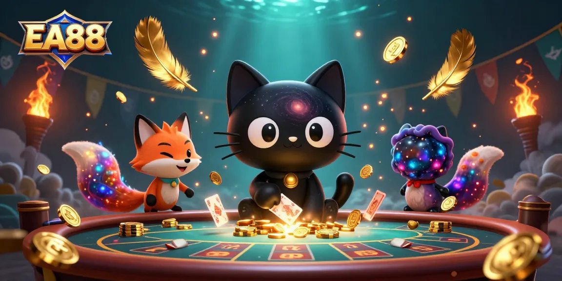 Experience EA88’s cosmic casino with a playful black hole cat captivating gold chips and cards.