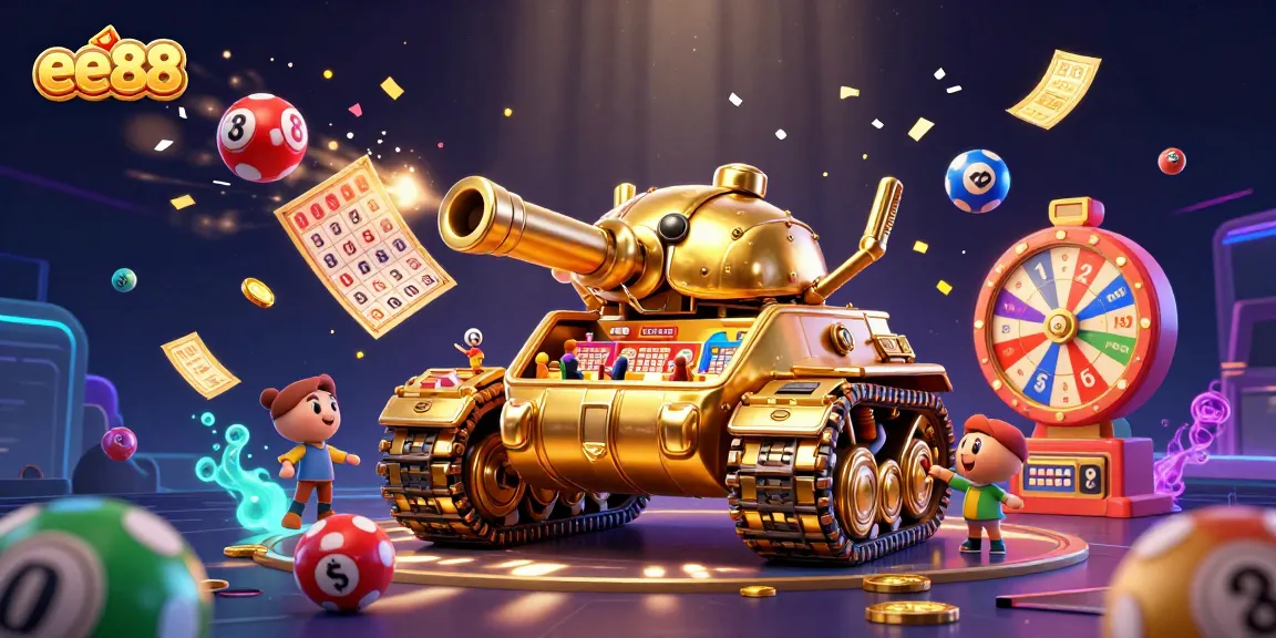ee88 captures action in a vibrant casino scene with a golden beetle tank and colorful game elements.