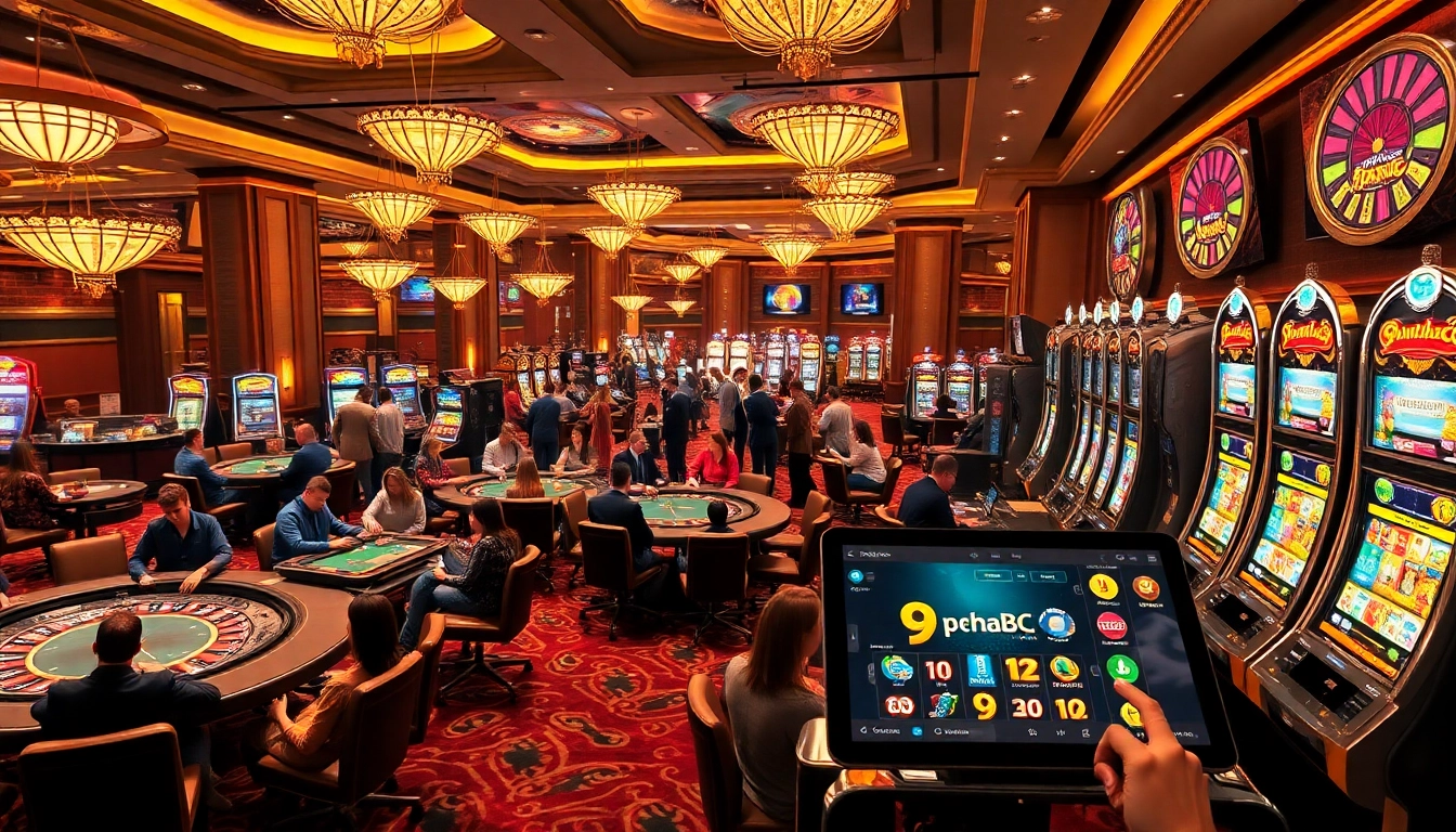 Exciting casino scene showcasing 9phabc's online gaming experience with poker, roulette, and vibrant slots.