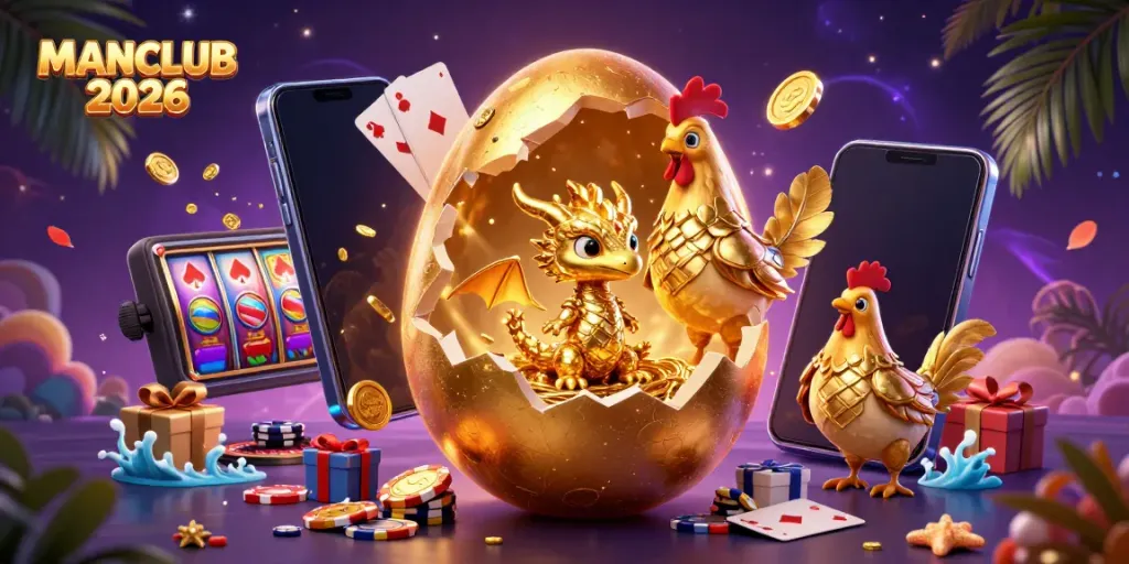 Engage in exciting gameplay adventures with MANCLUB 2026, featuring a golden egg dragon, poker chips, and dynamic slot games.