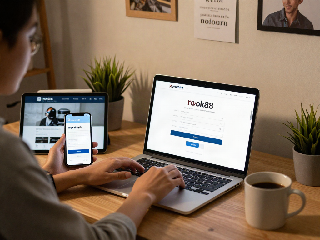rokok88 login interface displayed on a stylish laptop during user interaction in a cozy workspace
