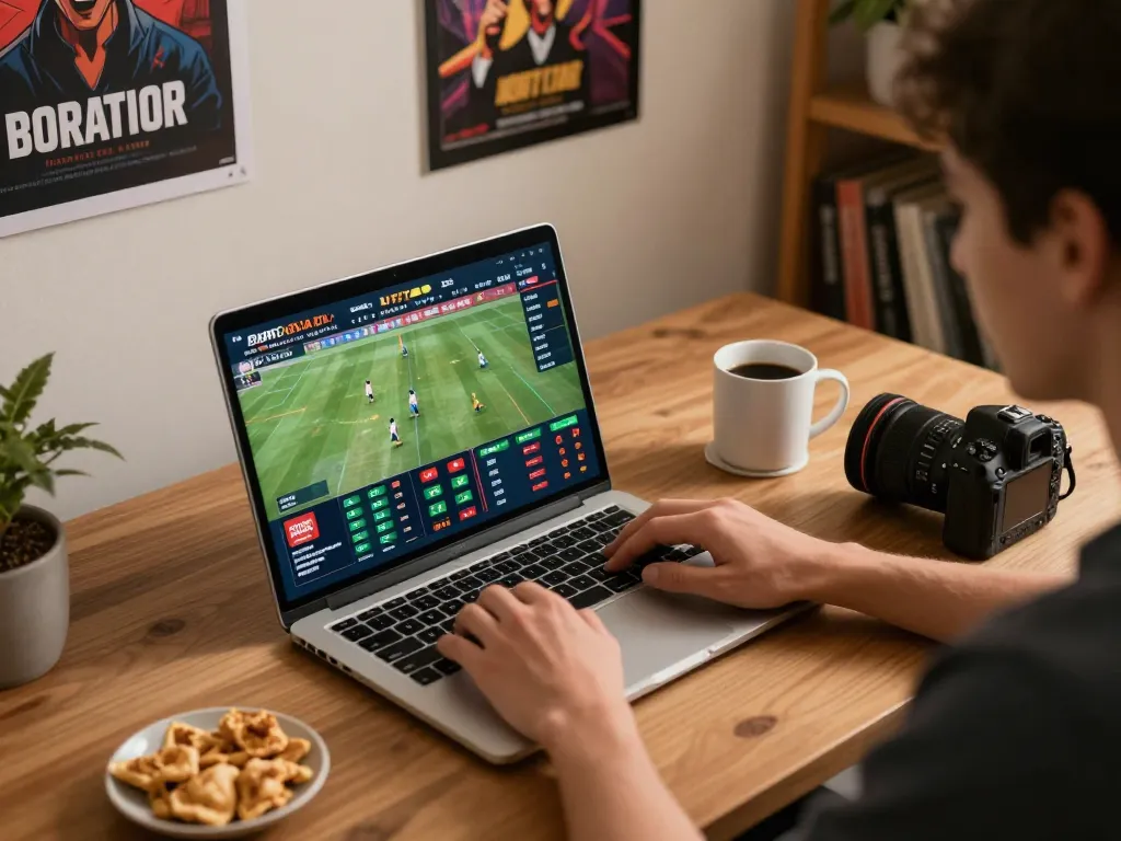 Engaged user enjoying sports betting on Trang chủ MM88 while analyzing live odds at home.