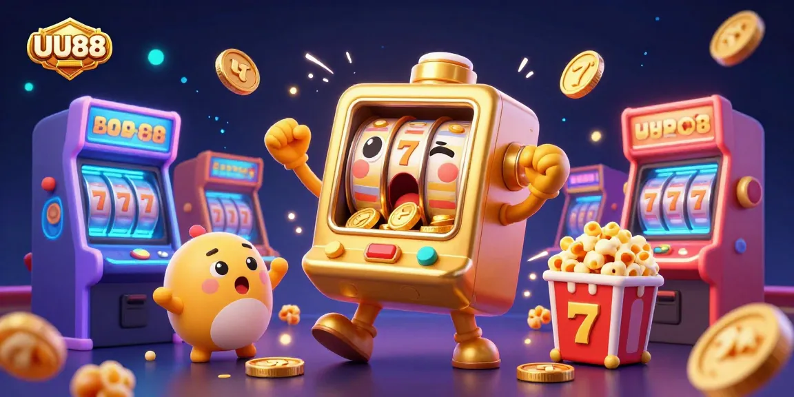 UU88 slot machine surprises with jackpot coins, surrounded by cheering characters in vibrant arcade scene.