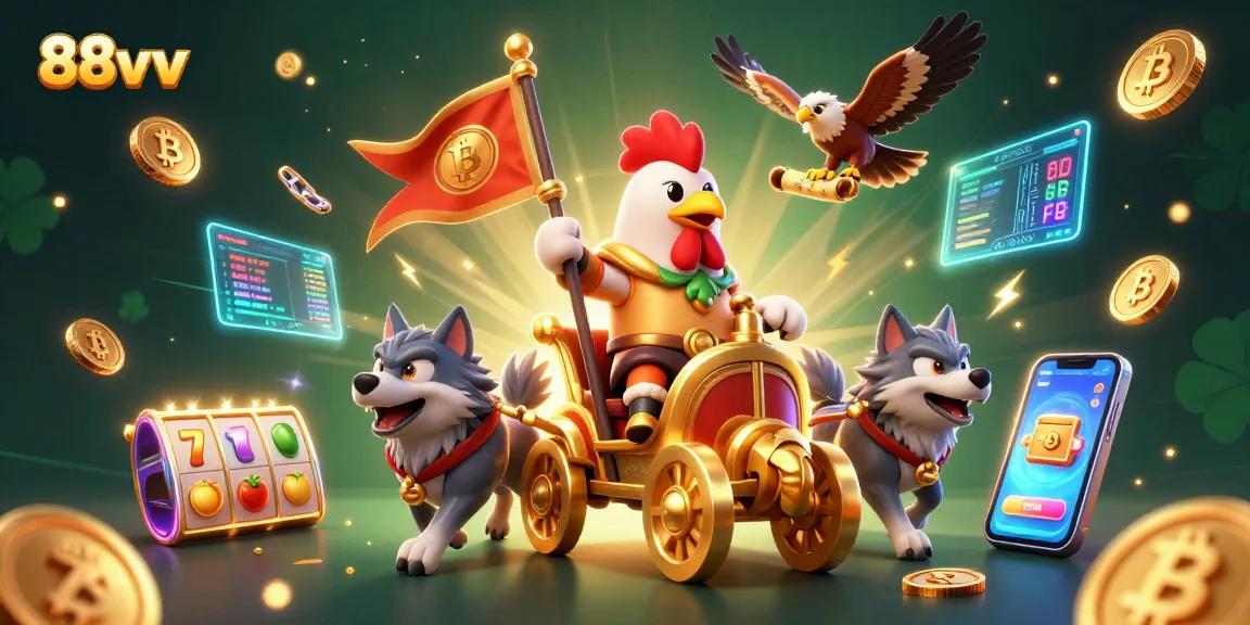 Engage with 88vv's captivating online casino adventure featuring a rooster warlord and crypto elements.