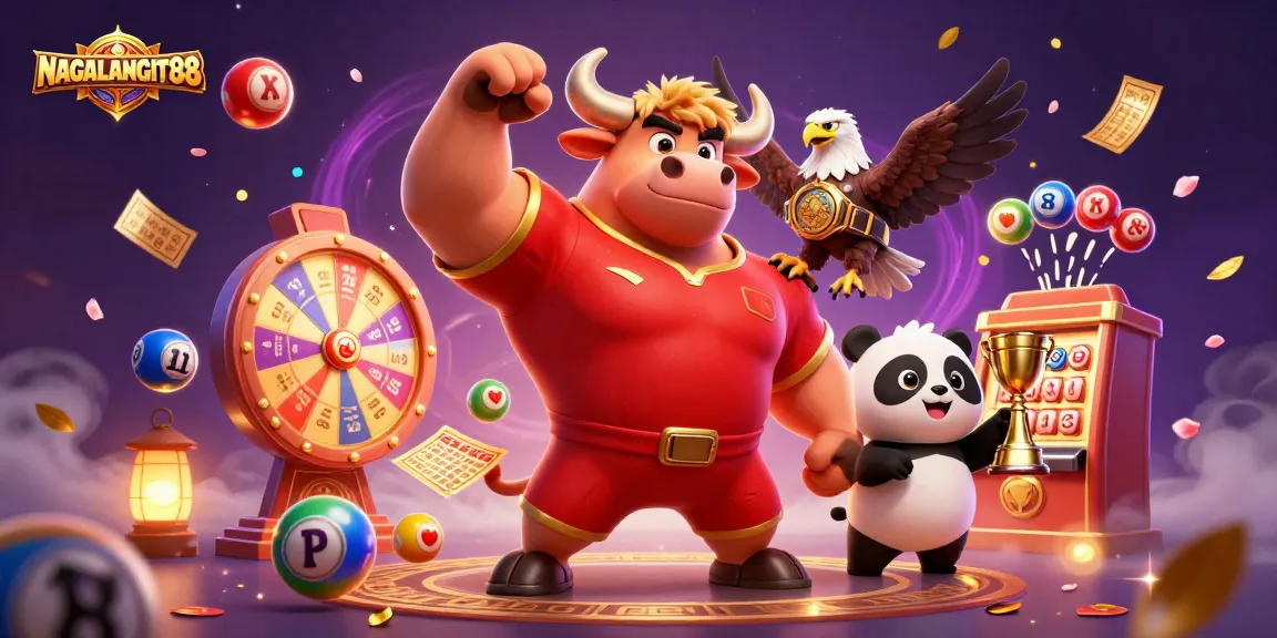 NAGALANGIT88 showcases a victorious mascot trio amidst vibrant lottery balls and casino elements.