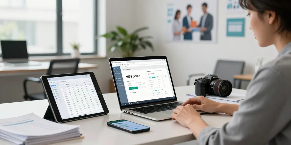 Download WPS Office on a sleek modern workspace desk with productivity tools.