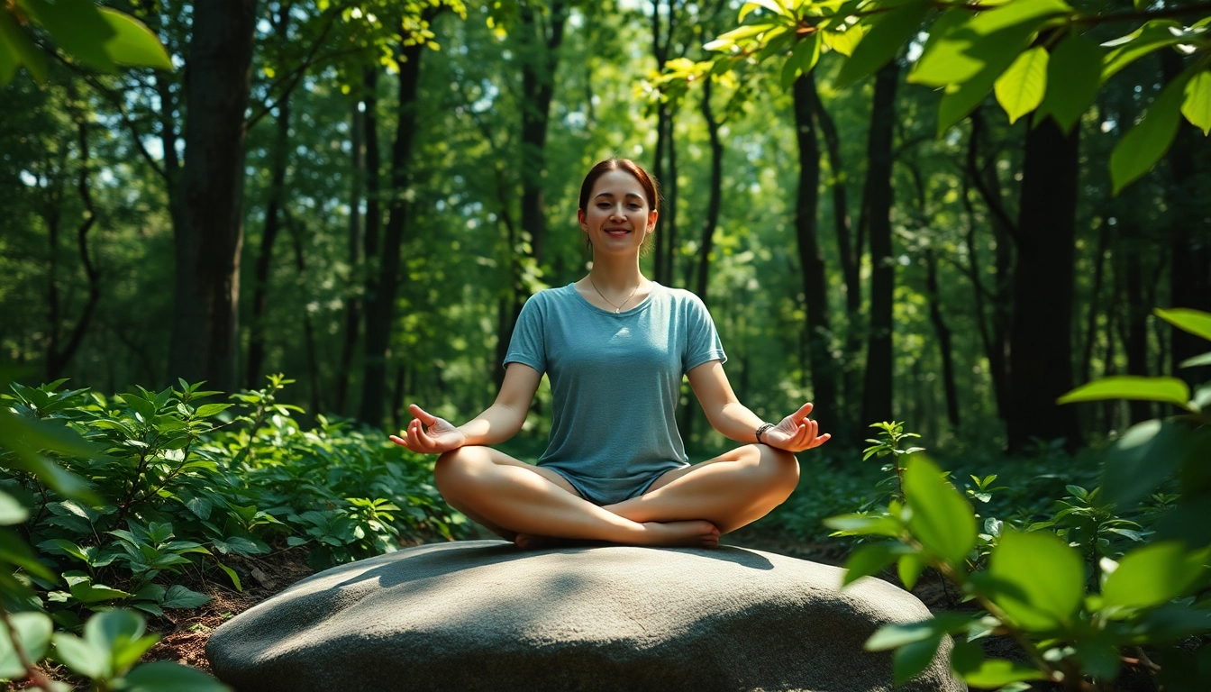 Meditating person surrounded by nature, symbolizing relief from stress and anxiety with serenity.