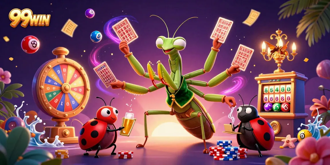 Experience 99WIN's vibrant casino atmosphere with card games and prizes raining down.
