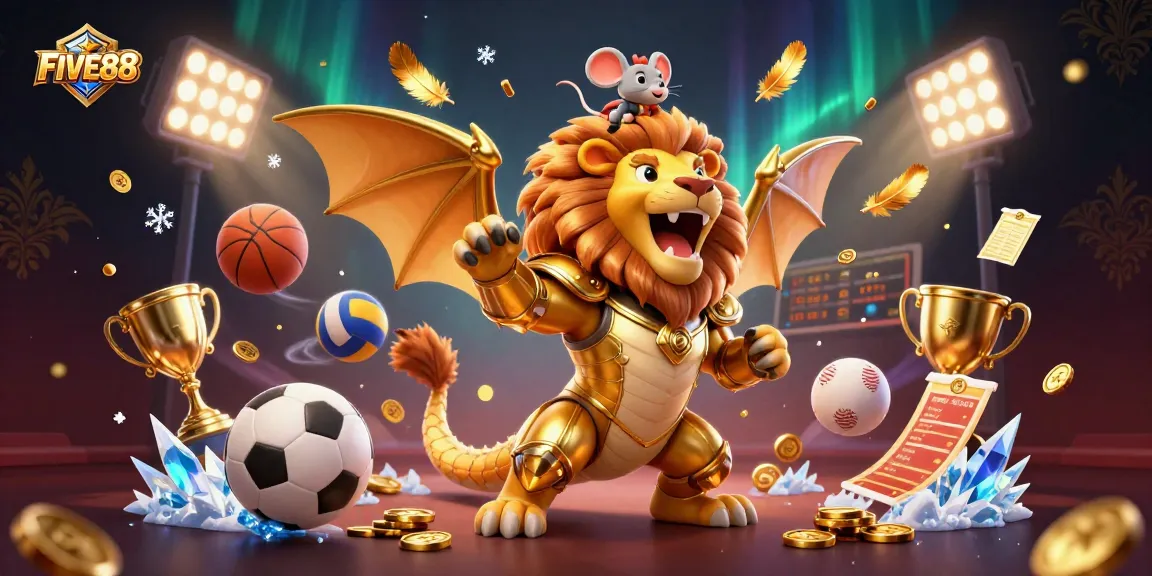 Experience excitement at FIVE88 with a roaring golden chimera, flying sports balls, and dynamic betting elements.