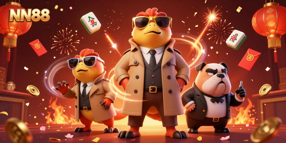 Three cartoon raptors in a trench coat enter NN88 casino under watchful bulldog bouncer.