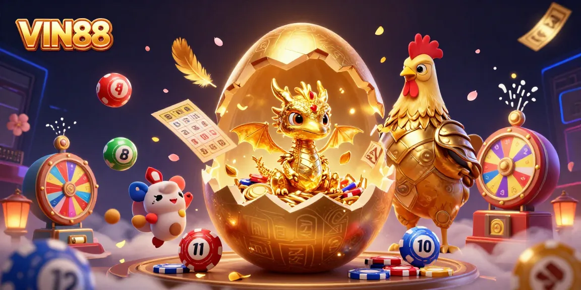 Vin88 offers thrilling experiences with vibrant lottery elements and a golden dragon illustration.