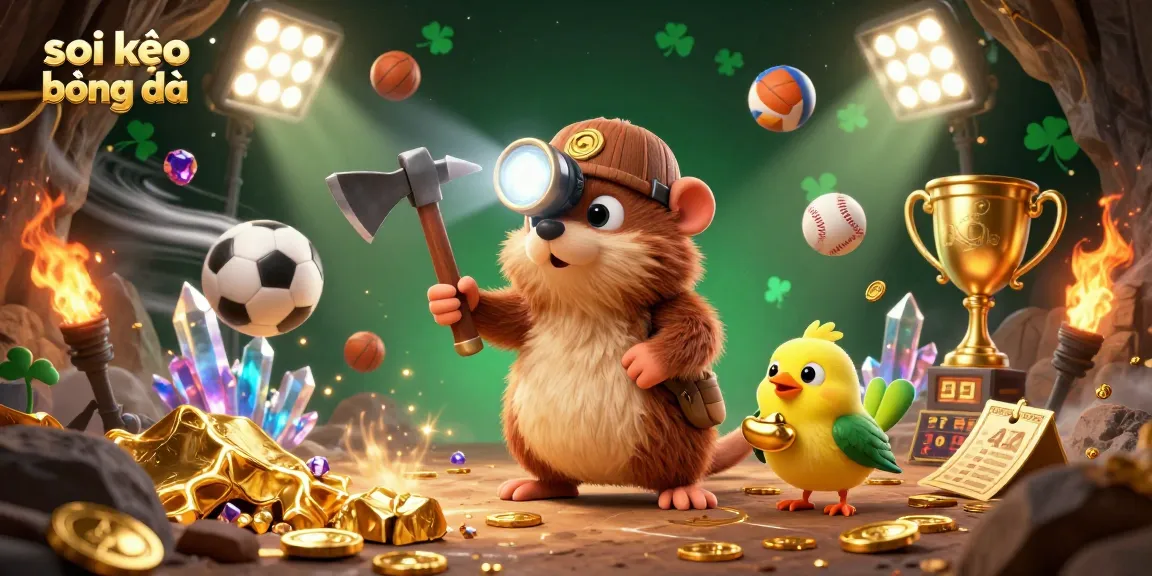 Soi kèo bóng đá showcased with vibrant treasure hunter mole, sports balls, and dazzling trophy in a winning atmosphere.