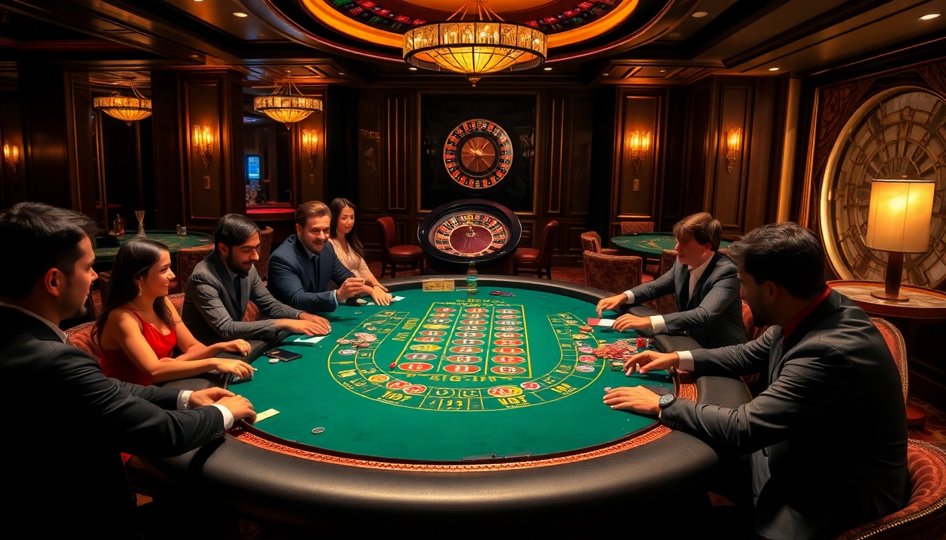 Hit club gaming table with players engaging, chips, and cards in a luxurious casino atmosphere.