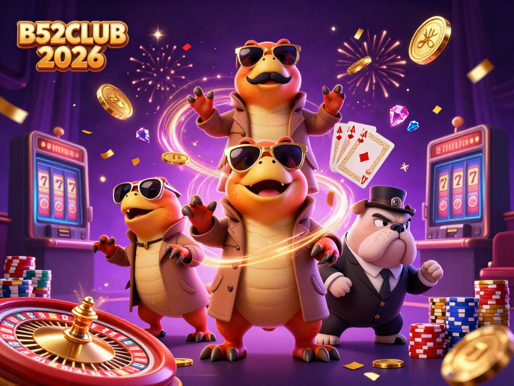 B52CLUB 2026 raptors in a trench coat trying to enter a VIP casino lounge amidst flying golden coins and gems.