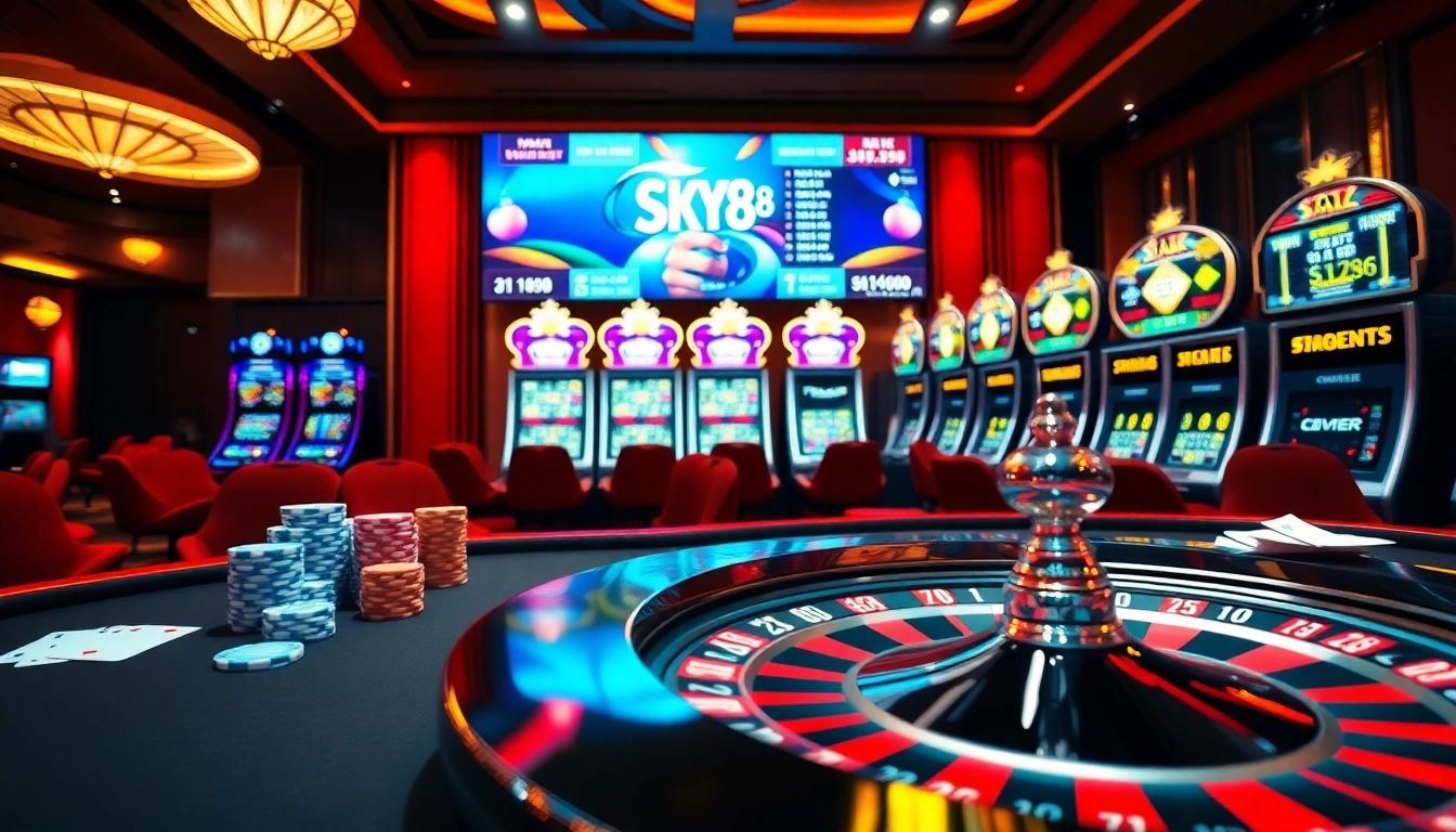 Experience the thrilling excitement of sky88 thể thao at a luxurious casino table filled with vibrant poker chips and cards.