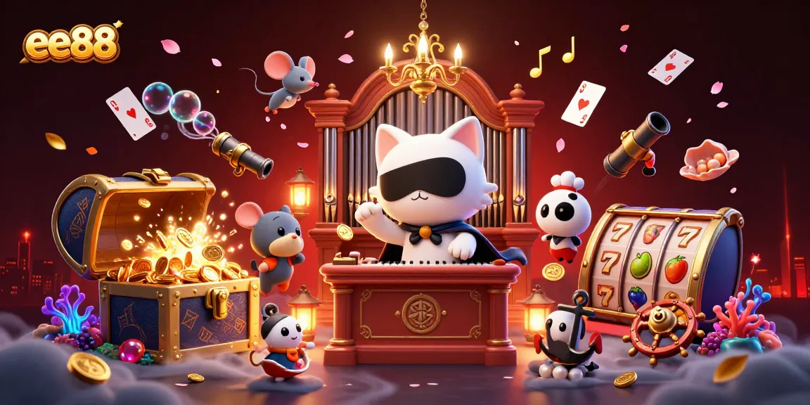 Experience the excitement of ee88 casino gaming with a whimsical 3D illustration of a phantom cat at a pipe organ.