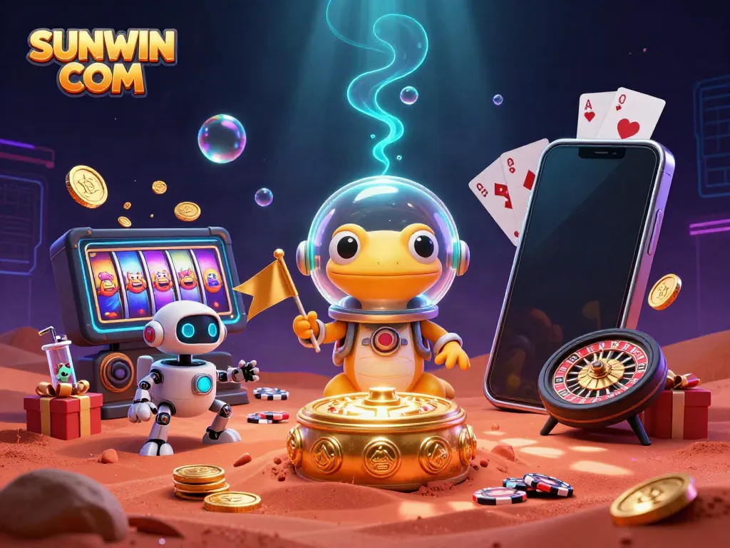 Engage with SUNWIN COM as a Martian gecko explores a golden casino amid vibrant gaming symbols.