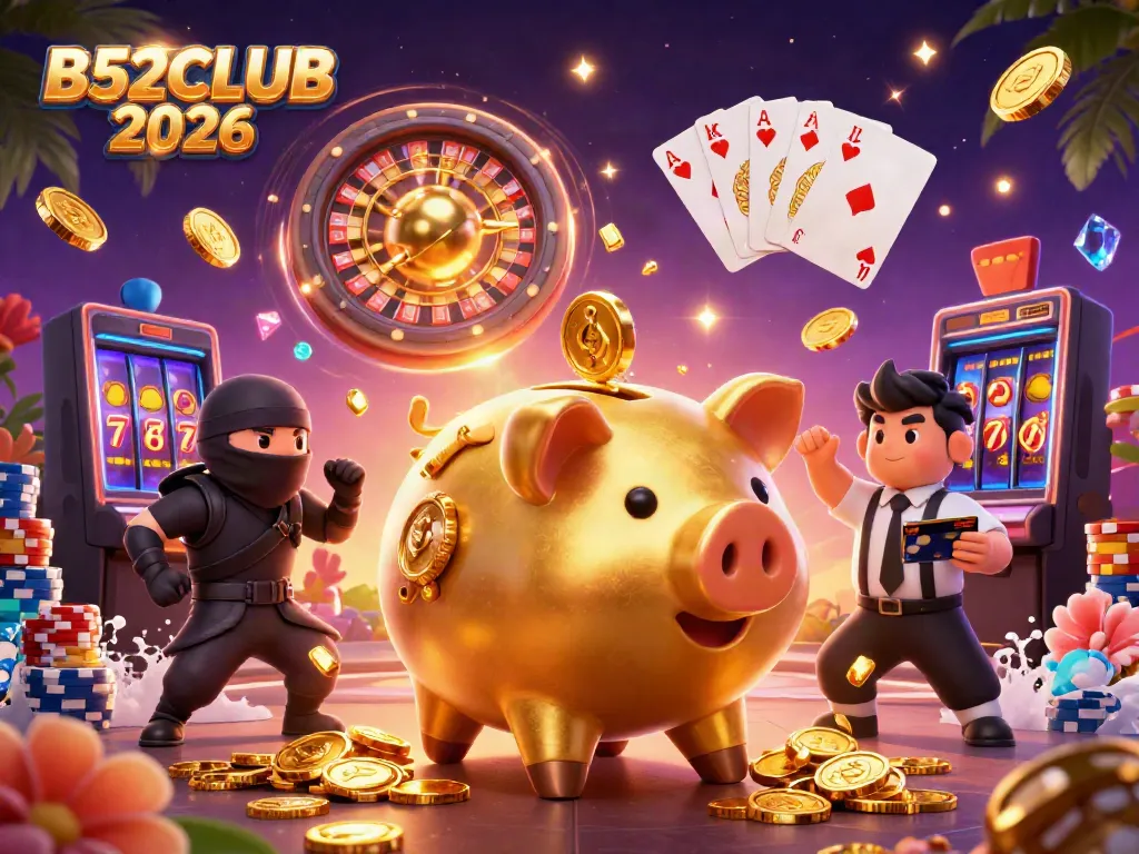 Bet on big wins with B52CLUB 2026 featuring a golden piggy bank sumo wrestler and engaging casino elements.