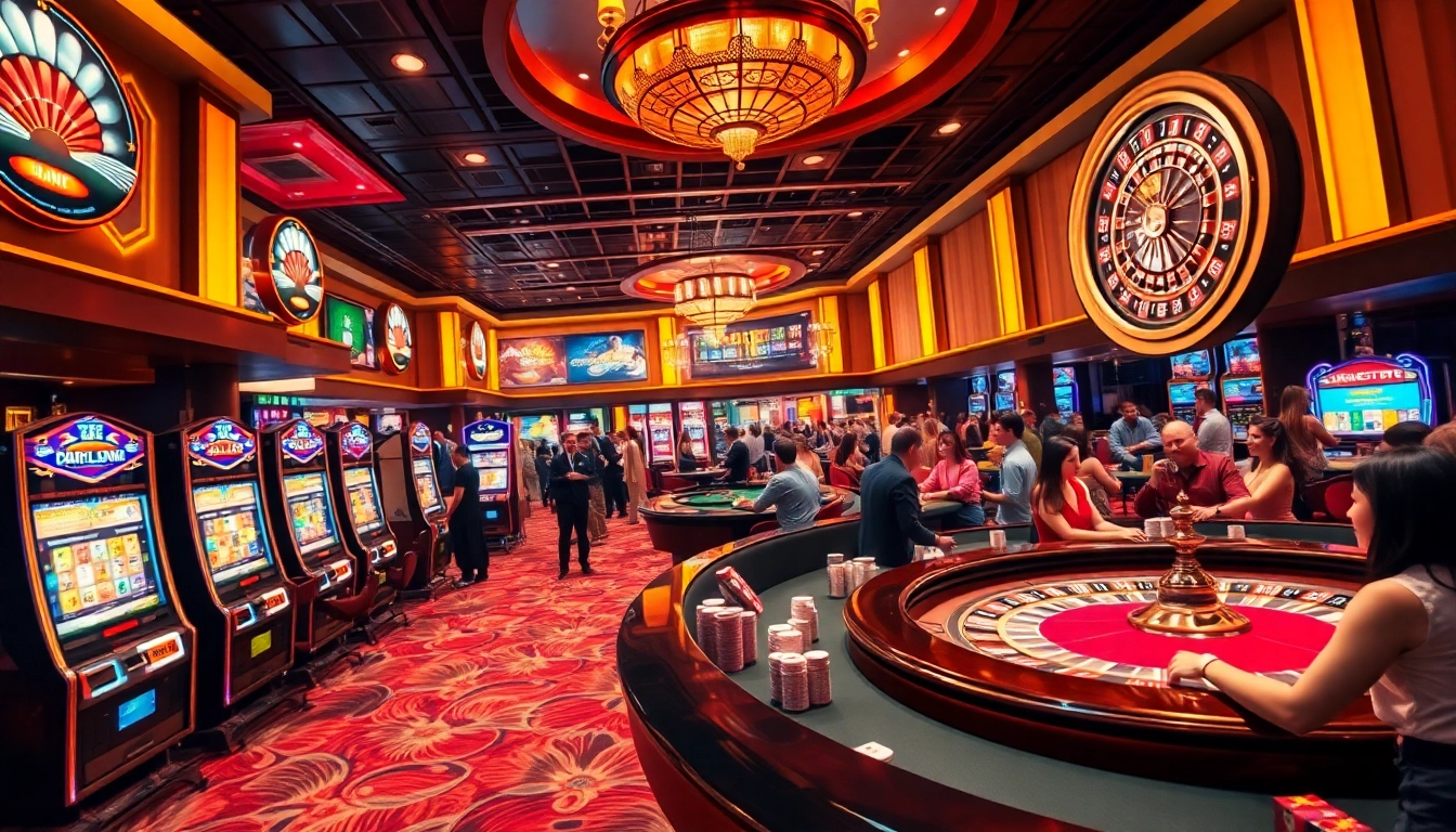 Exciting gambling scene at https://da88st.com/ with players at polished poker tables and vibrant slot machines.