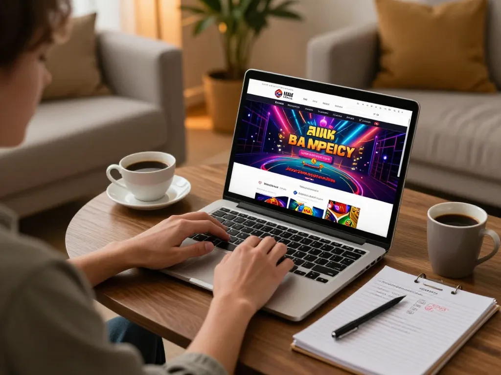 Engaged gambler using laptop at home casino gaming setup on https://cm88.vision/ with strategic notes.