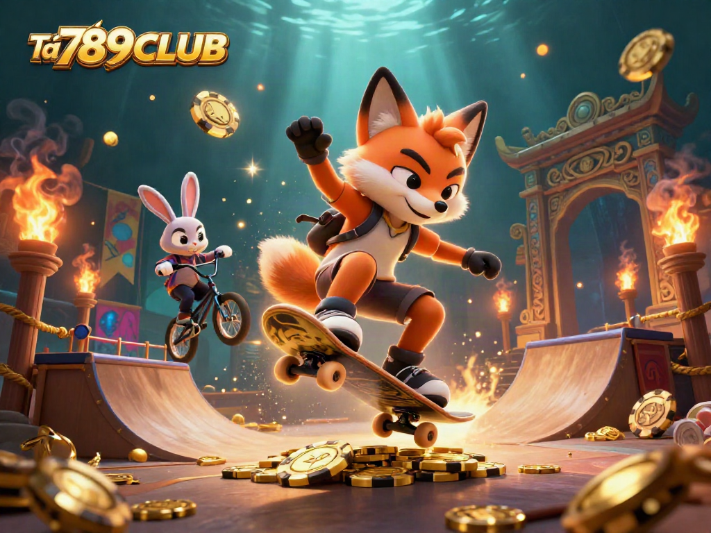 Tải 789CLUB for online gaming, featuring a fox and rabbit in a vibrant casino-themed scene.