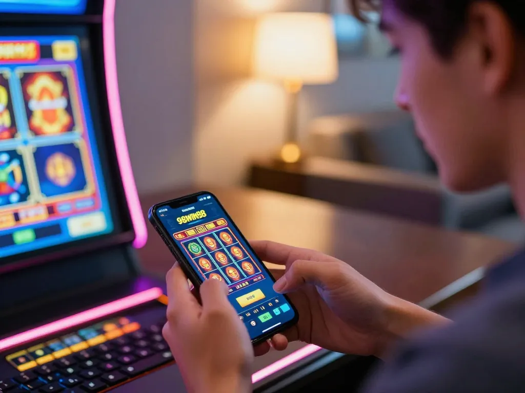 Player enjoying a thrilling moment with 98win98 gaming app on smartphone in stylish home setting