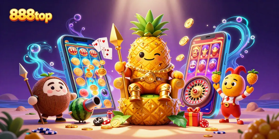 Experience the thrill of gaming with 888top through a colorful and dynamic casino illustration.
