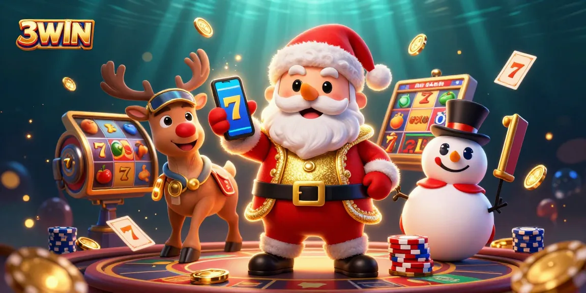 Experience thrilling jackpots with 3WIN's casino scene, featuring dynamic slot gameplay and festive characters.
