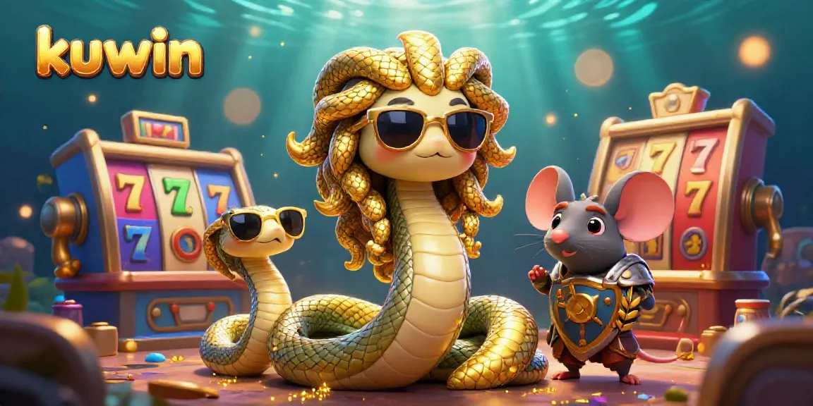 Kuwin slot machines feature Medusa and a warrior mouse in a vibrant, dynamic casino scene.