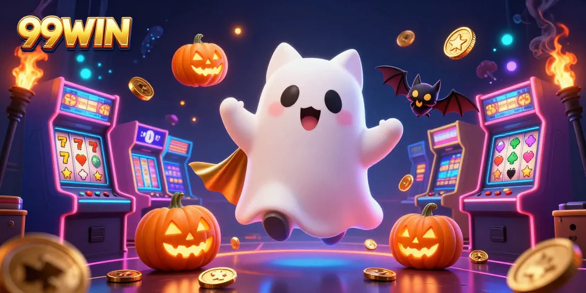 Explore 99WIN's ghost cat character amidst lively casino elements, enhancing your gaming experience.