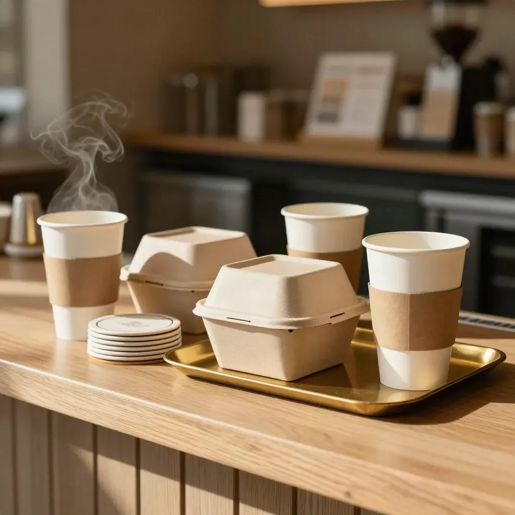 Mina Kafe açılışı için kupalar, kutular ve altlıklar servis öncesi hazır.